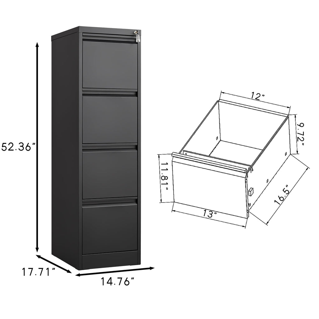 4 Drawer Vertical File Cabinet with Lock for Home Office Organizer, Black Metal Filing Cabinet, Letter/A4/Legal Size