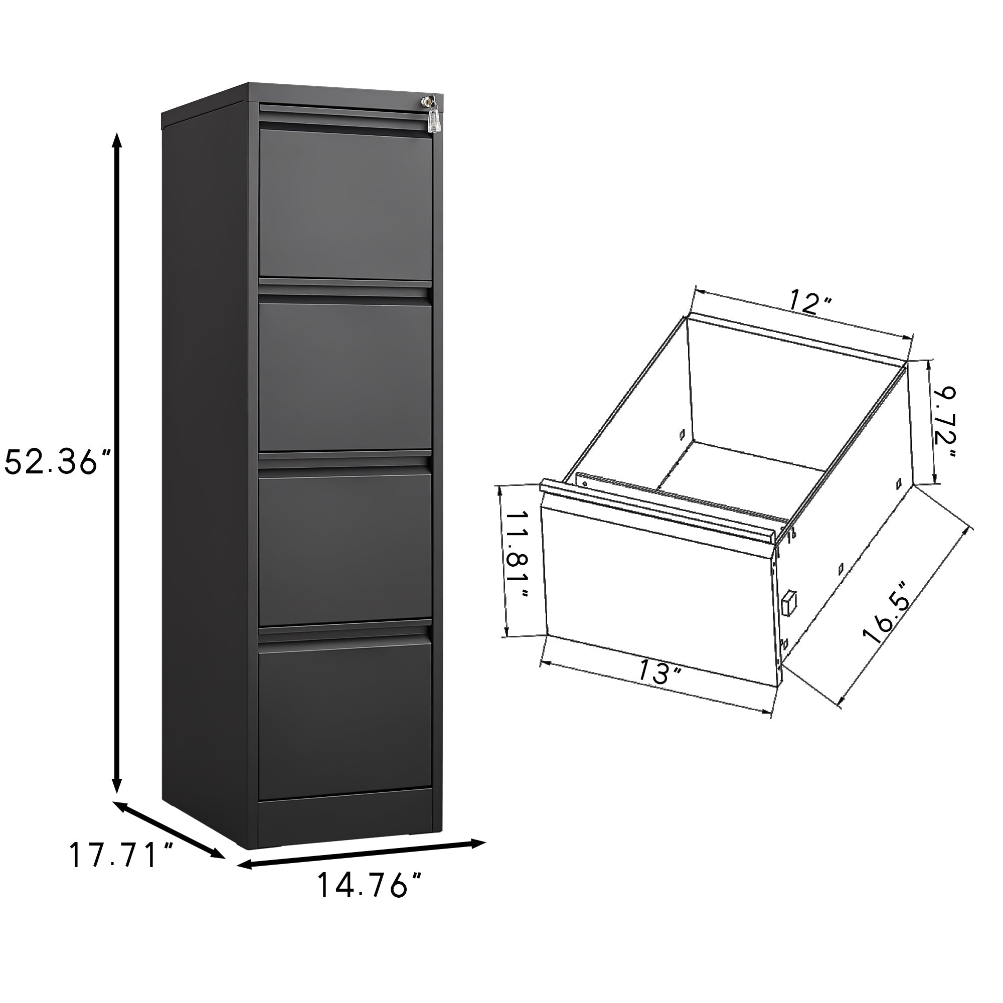 4 Drawer Vertical File Cabinet with Lock for Home Office Organizer, Black Metal Filing Cabinet, Letter/A4/Legal Size