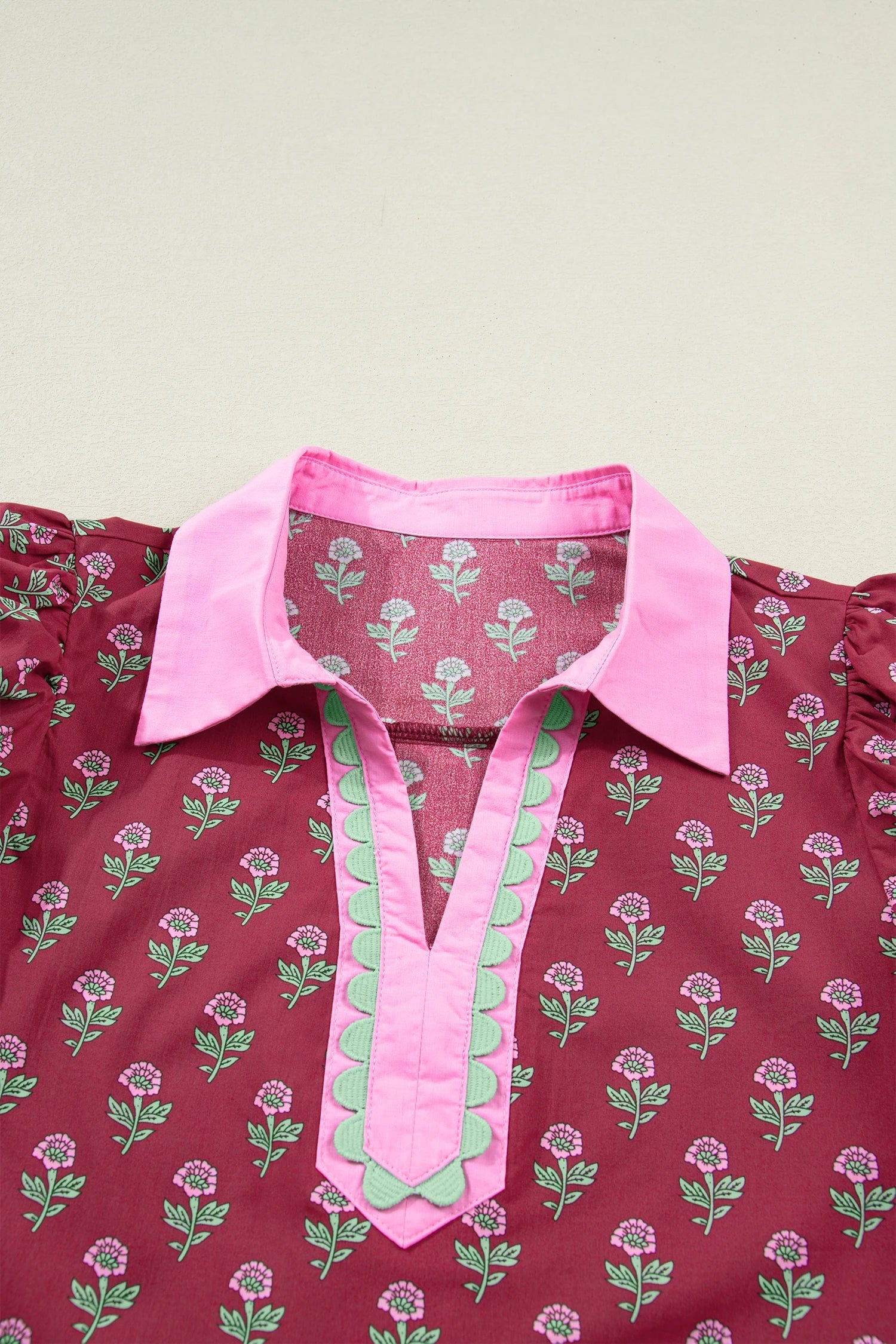 Floral Contrast Collared V-Neck Ricrac-Trim Blouse