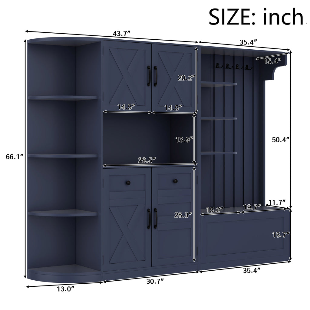 Multifunctional left-right combination hall cabinet (can be used separately) with storage and 4 hooks, storage cabinet/ hall tree 2 in 1 for living room, kitchen and hallway, antique blue