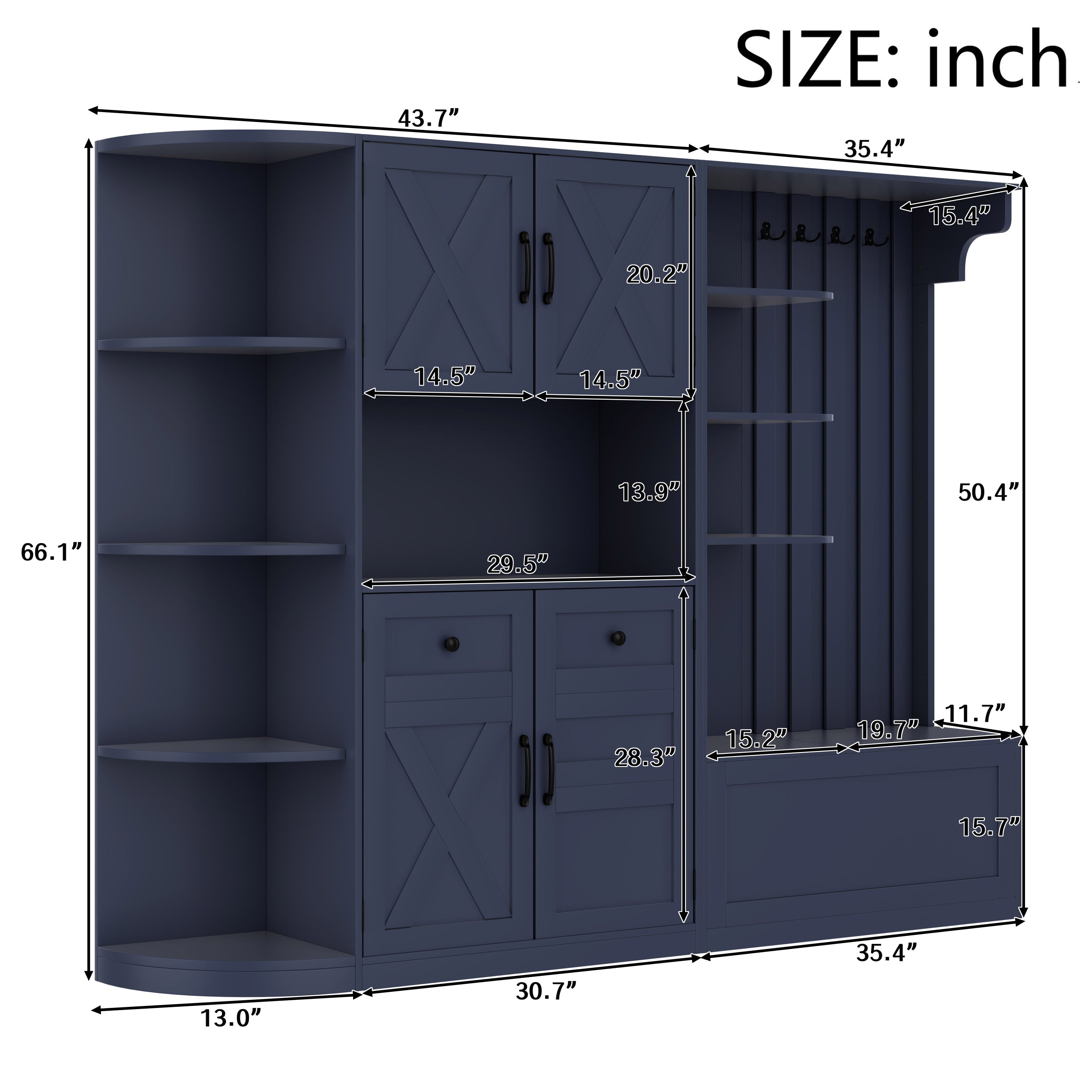 Multifunctional left-right combination hall cabinet (can be used separately) with storage and 4 hooks, storage cabinet/ hall tree 2 in 1 for living room, kitchen and hallway, antique blue