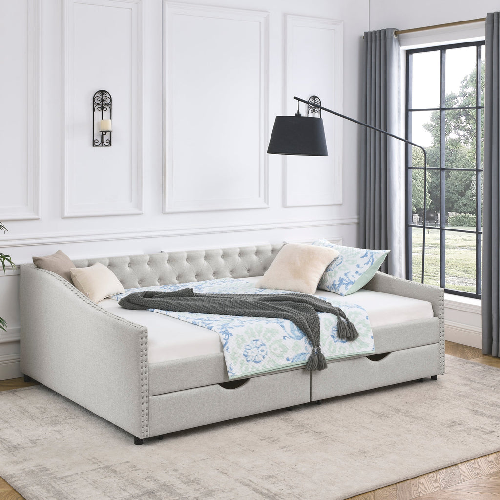 Queen Size Daybed with Drawers Upholstered Tufted Sofa Bed,,with Button on Back and Copper Nail on Waved Shape Arms, Beige (84.5'x63.5'x26.5')