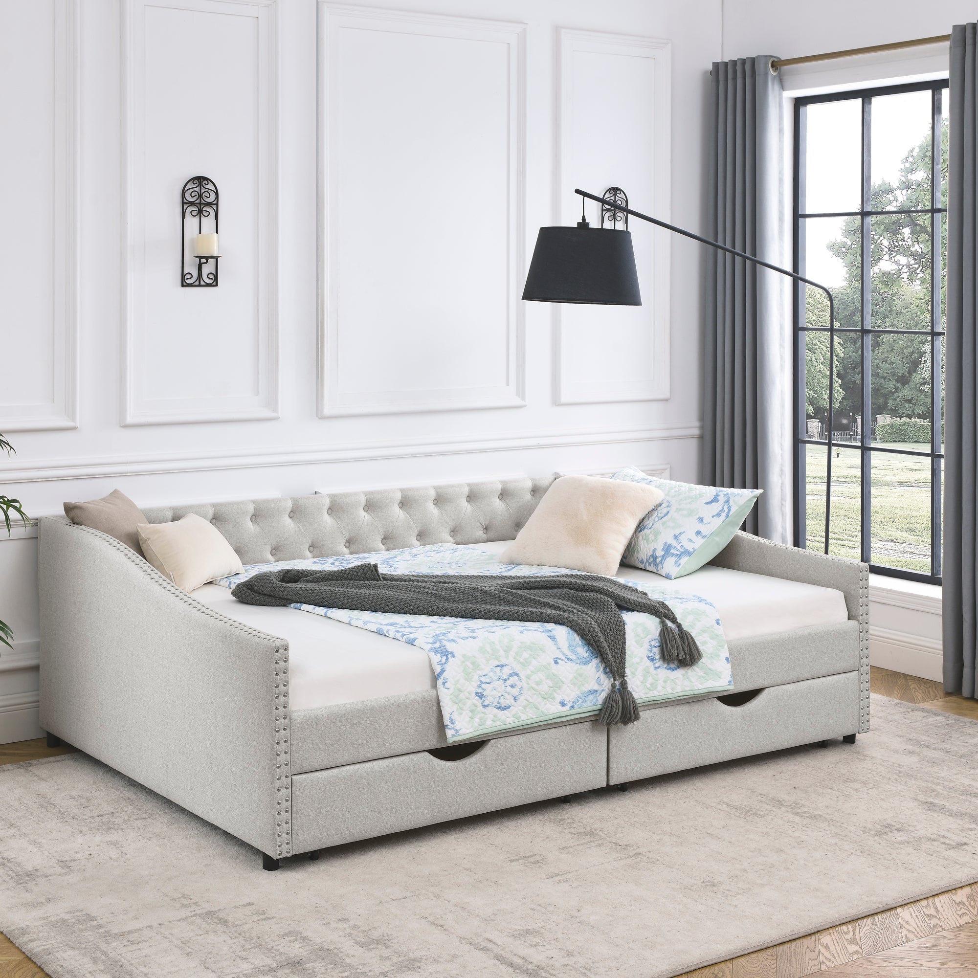 Queen Size Daybed with Drawers Upholstered Tufted Sofa Bed,,with Button on Back and Copper Nail on Waved Shape Arms, Beige (84.5'x63.5'x26.5')