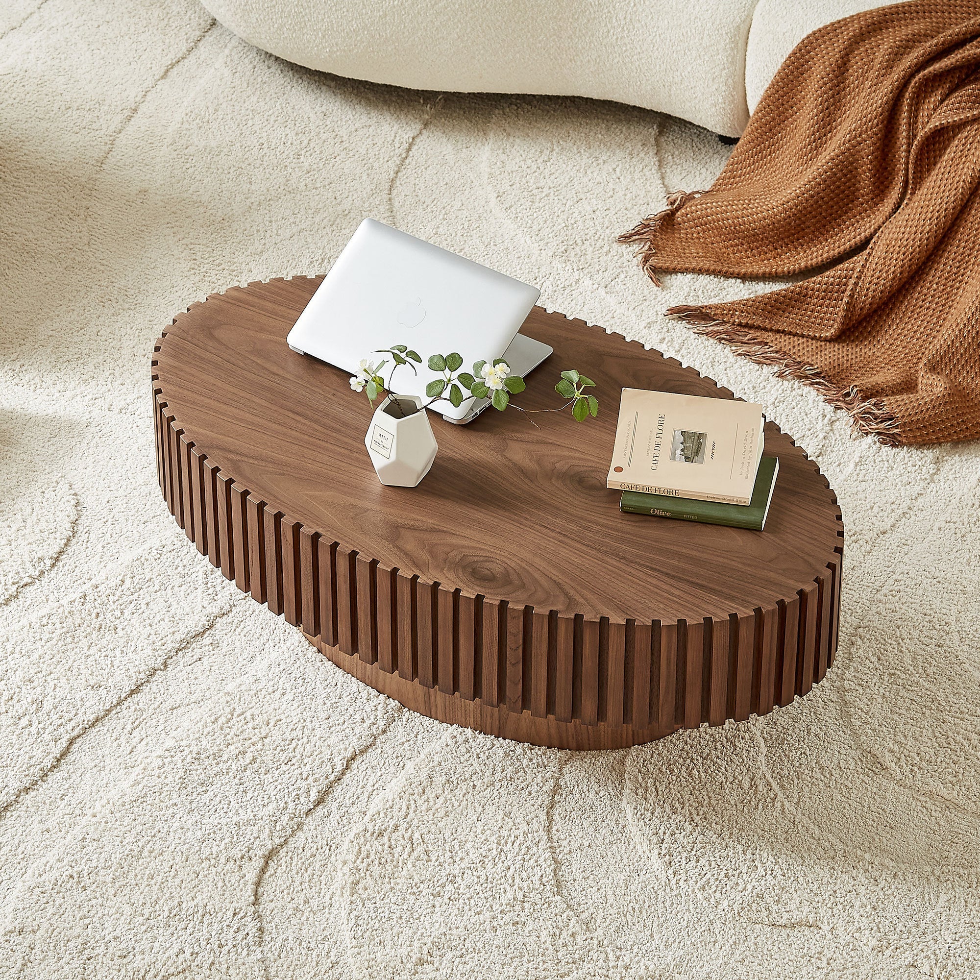 Modern Handcraft Drum Coffee Table Length 43.7 inch Ellipse Coffee Table for Living Room,Oval Small Coffee Table with Sturdy Pedestal,Walnut MDF