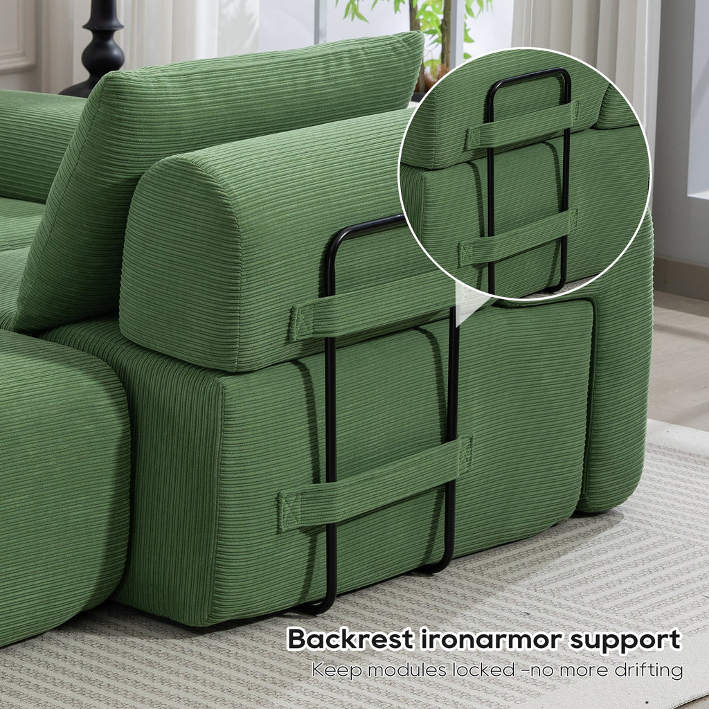 L-Shaped Sectional Couches for Living Room with Memory Foam & Steel Frame - No Assembly Convertible Sofa Bed, Corduroy Fabric Compression Sofa, Modular Couch for Apartments,Bedrooms,Home Theate,Green