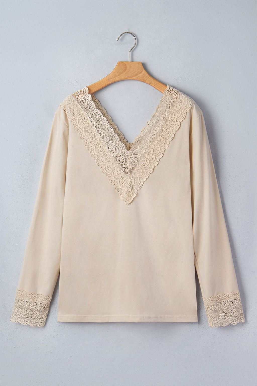 Lace Trim V-Neck Patchwork Long Sleeve Top