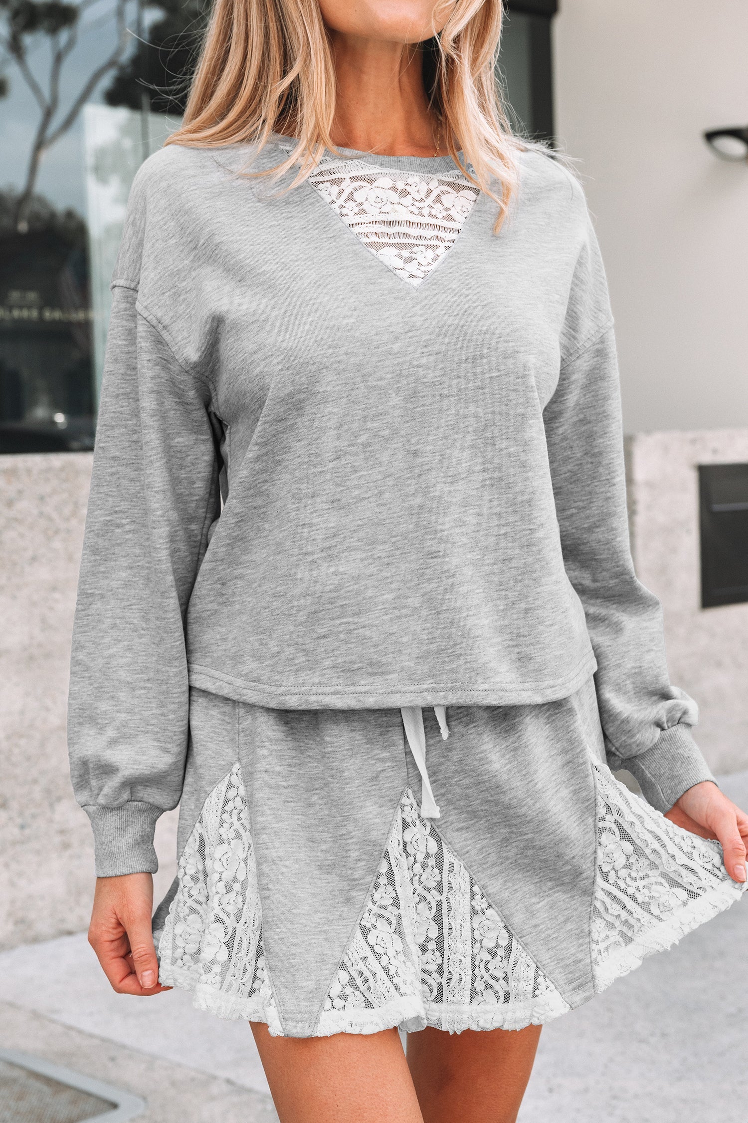 Lace Patchwork Pullover and  Drawstring Skort Set