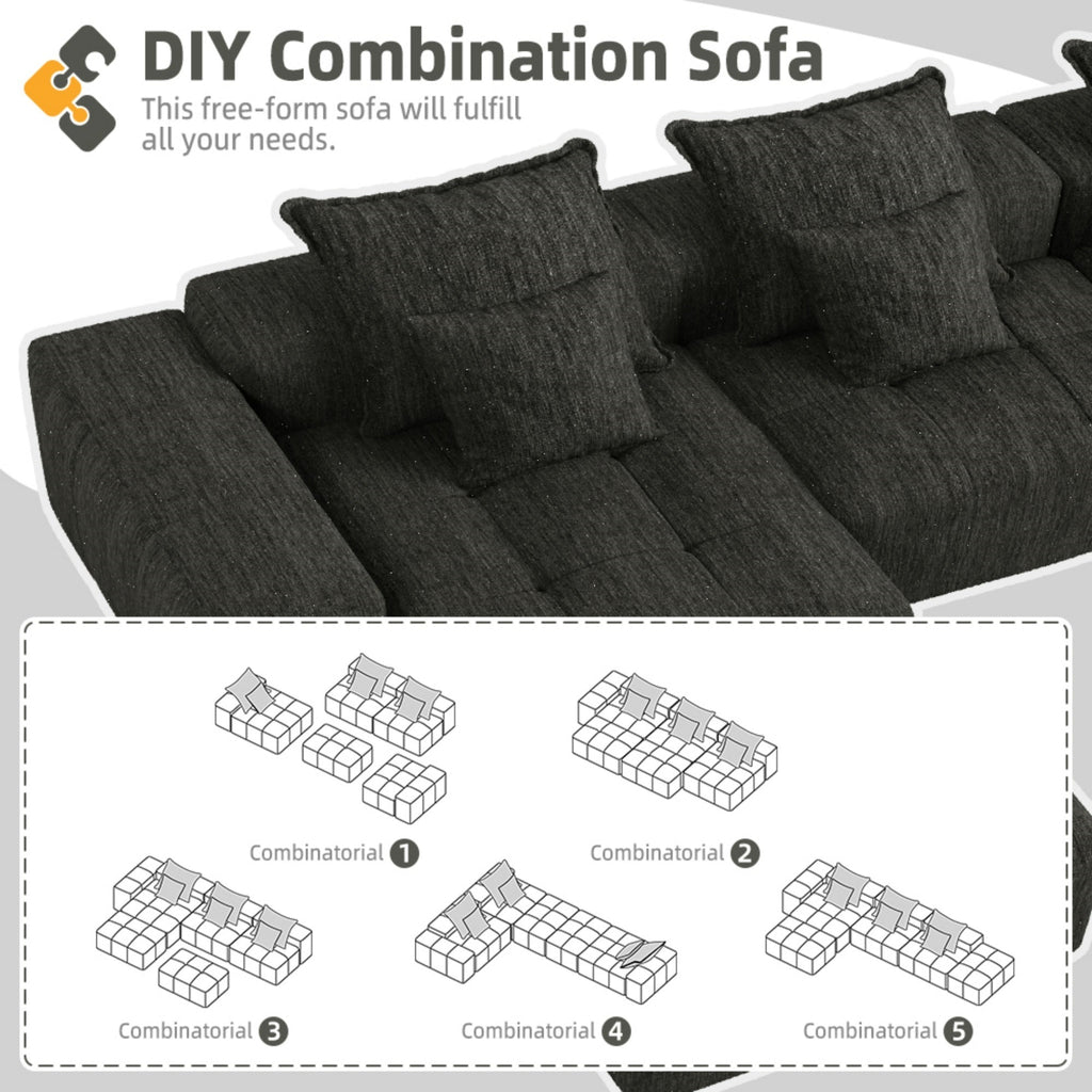 Modern Oversized Modular Sectional Sofa, Sparkling Chenille Fabric Soft Cushion Sofa with 6 Pillows, 6 PCS DIY Combination Tufted Sofa, No Assembly Required, BLACK