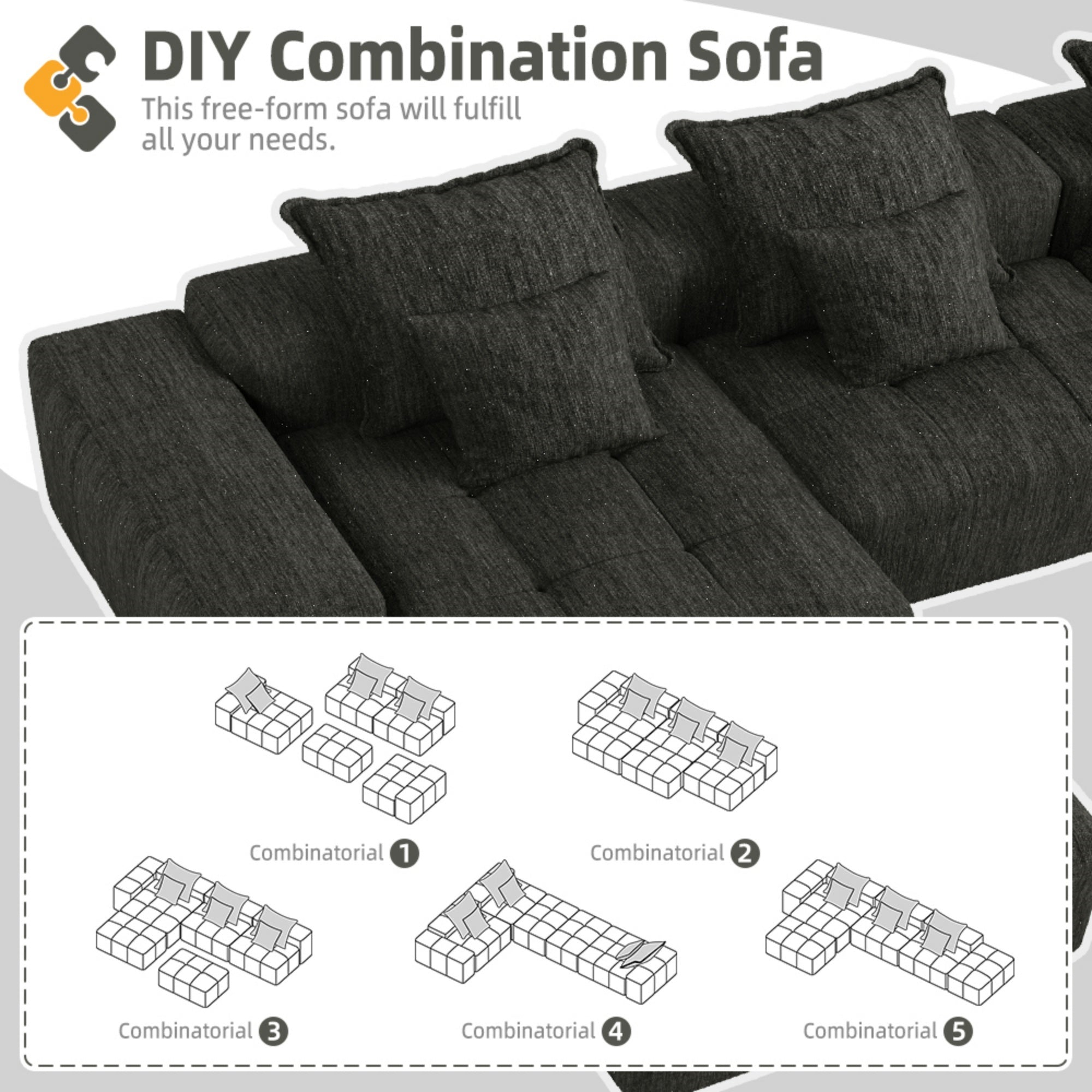 Modern Oversized Modular Sectional Sofa, Sparkling Chenille Fabric Soft Cushion Sofa with 6 Pillows, 6 PCS DIY Combination Tufted Sofa, No Assembly Required, BLACK