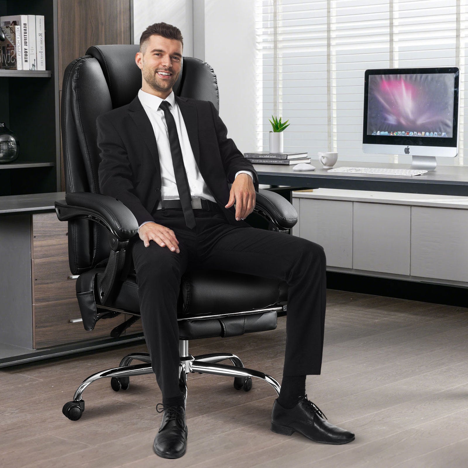 Massage Office Chair with Heat and 6 Vibration Points,Executive Office Chair with Foot Rest and Padded Armrests,Reclining Backrest and Wheels