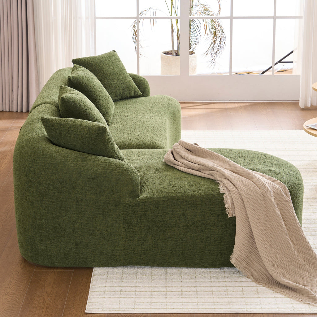 Compression Sponge L-Shape Sectional Sofa with Curved Chaise, Green Modular Chenille Couch No Assembly Required, 30D High-Density for Living Room Bedroom Apartment Lounge.