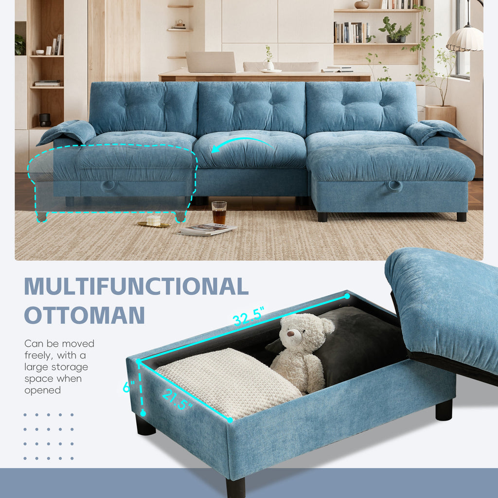 [VIDEO]104*60' Sectional Sofa, L-Shape with Multifunctional Armrest, Dual-Port Charging, Cup Holder, Side Storage Pockets, Movable Storage Ottoman, Unique Tufted Design, Soft Cushion, Chenille,3colors