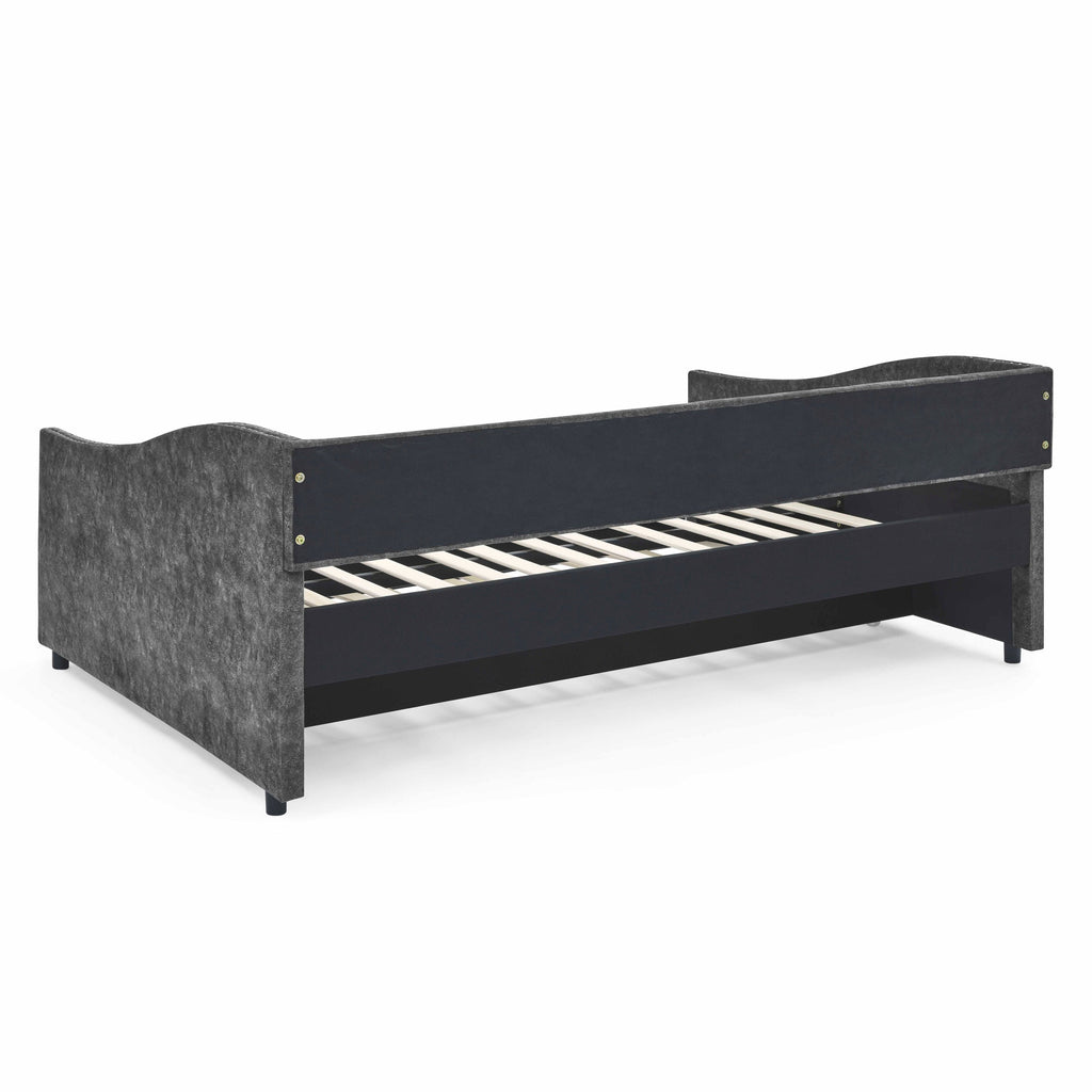 Full Size Daybed with Twin Size Trundle Upholstered Tufted Sofa Bed, with Button on Back and Copper Nail on Waved Shape Arms,Grey (80.5'x55.5'x27.5')