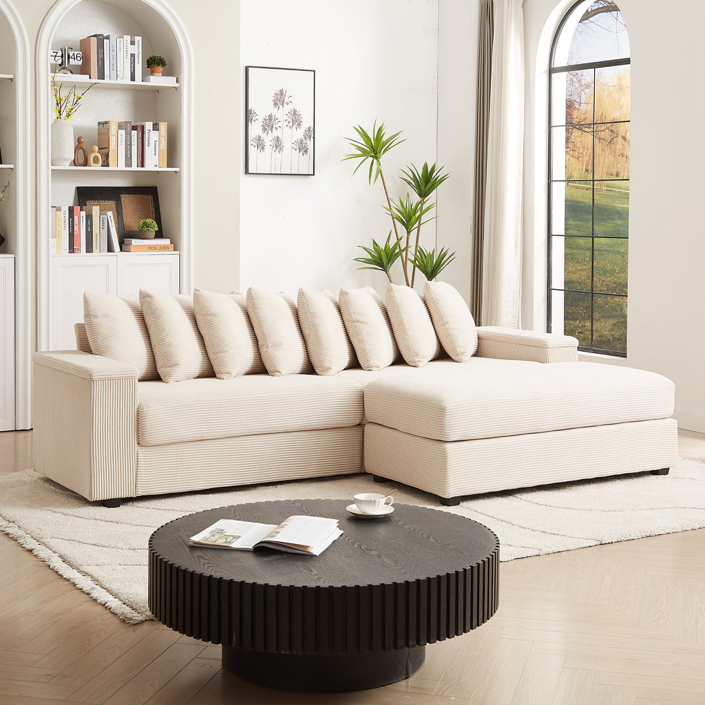 Luxe Oversized L Shaped Sofa with Chaise,Comfy Corduroy L Shaped Sectional Couches with 8 Pillows and Two Armrest storage space,Soft Fluffy Upholstered Sofa Bed for Living Room Apartment Bedroom
