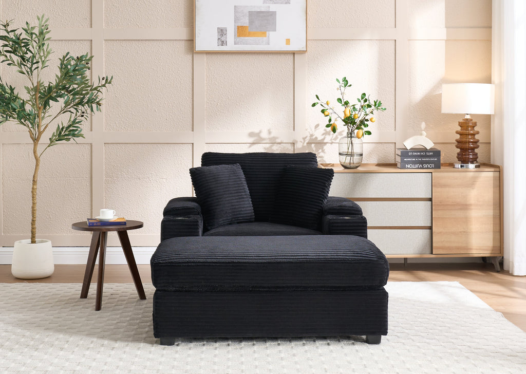 [VIDEO/New]Corduroy Upholstered Chaise Lounge Sofa with Handrail storage,Movable ottoman,Cupholders,Detachable Cushions Deep Seat for Living Room Office,5 colour,Wide stripe corduroy