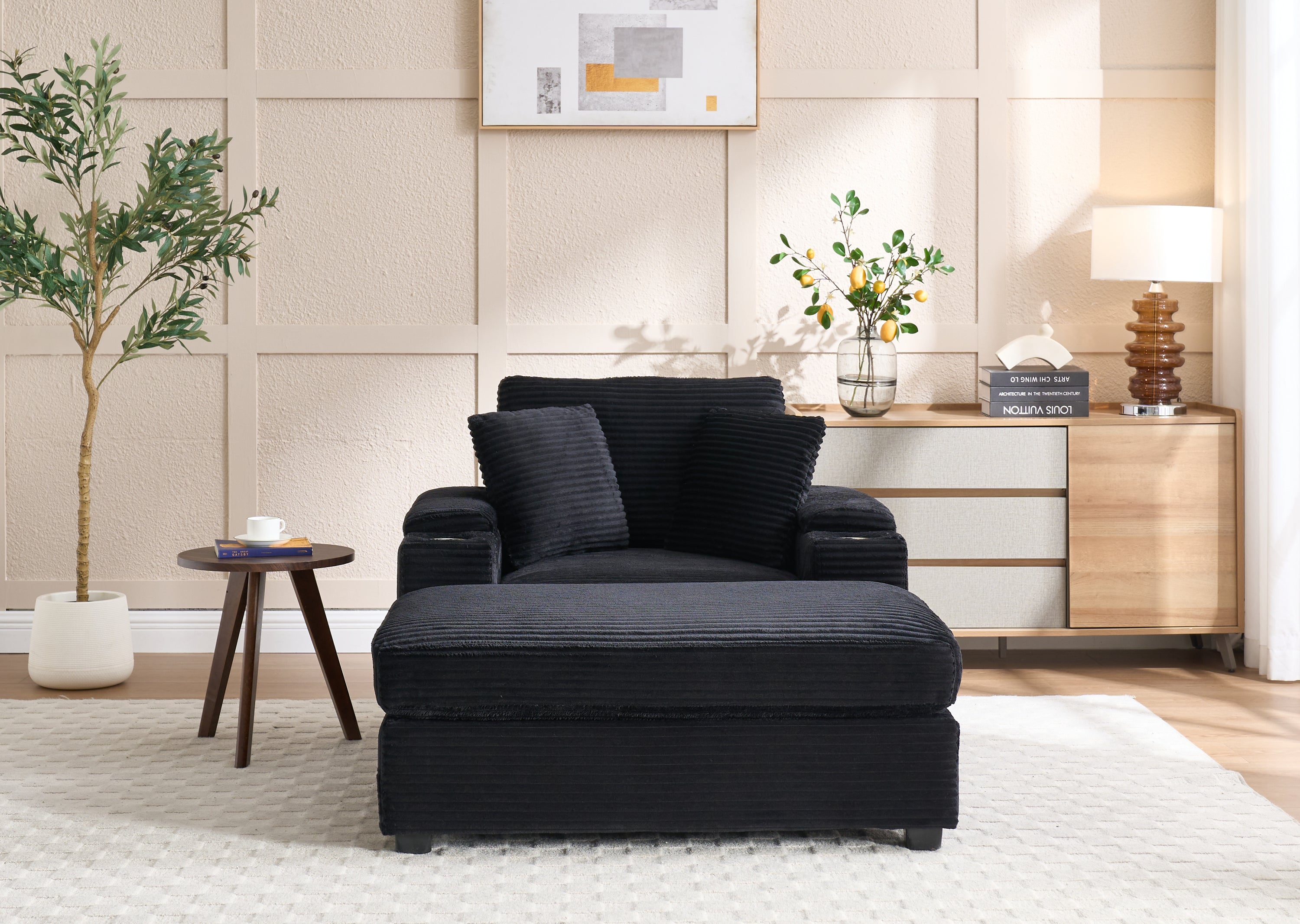 [VIDEO/New]Corduroy Upholstered Chaise Lounge Sofa with Handrail storage,Movable ottoman,Cupholders,Detachable Cushions Deep Seat for Living Room Office,5 colour,Wide stripe corduroy
