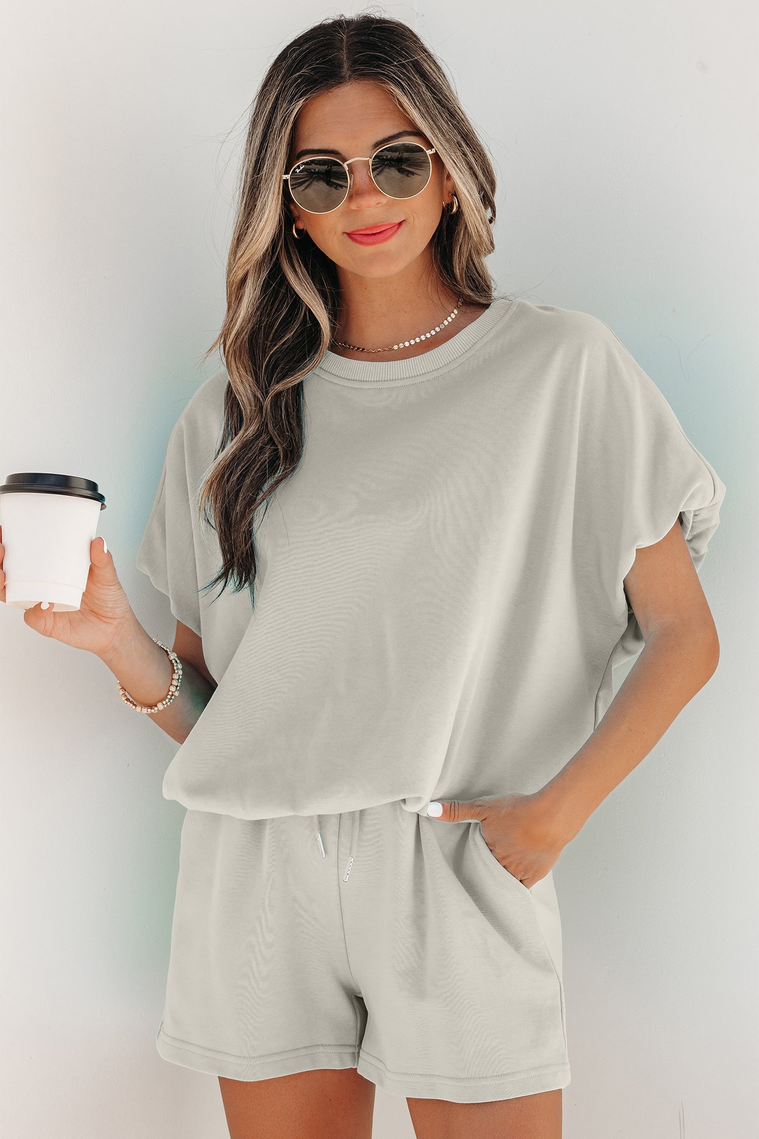 Solid Puff Sleeve Top & Drawstring Shorts Set