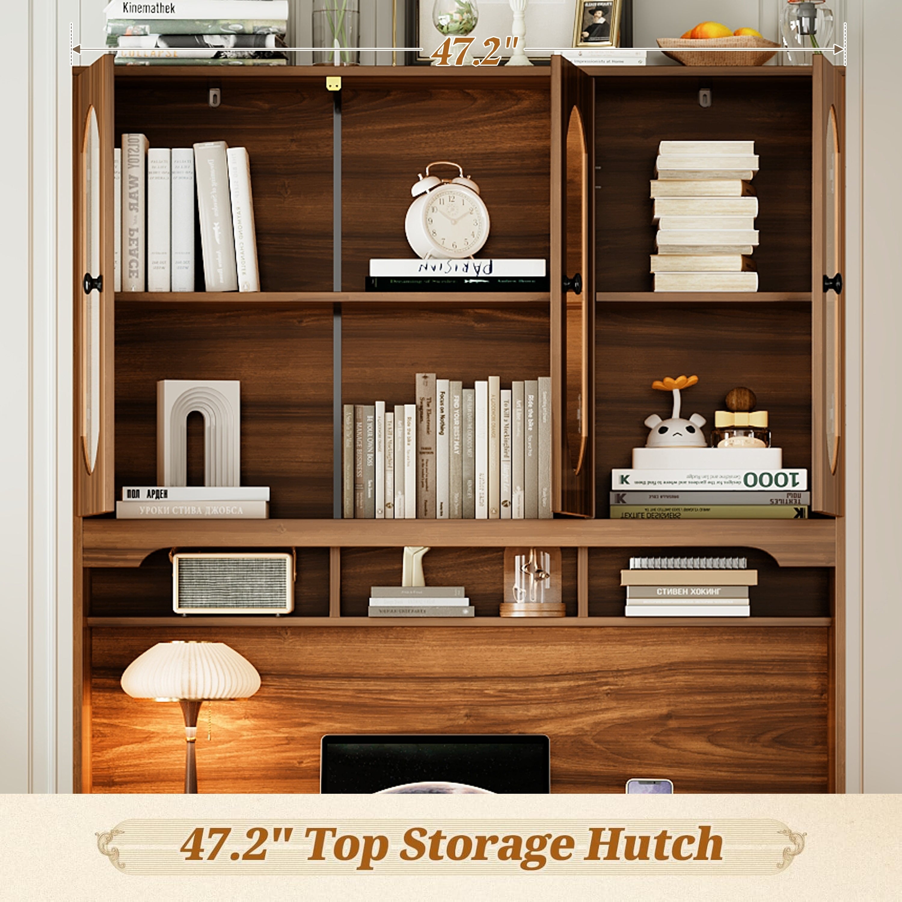 47'' Retro Desk with Charging Ports and Hutch Cabinet, Office Desk with 5 Storage Drawers and Transparent Glass-Door Bookshelf, Executive Computer Desk for Home Office, Bedroom, Walnut