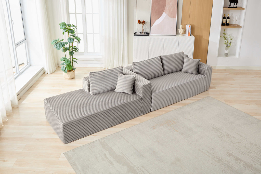 Compression Sectional Couch with Comfy Chaise, Boneless L Shape Sofa with Deep Seat, Minimalist Modular Couches Sleeper for Living Room Bedroom Apartment Lounge,corduroy,Grey
