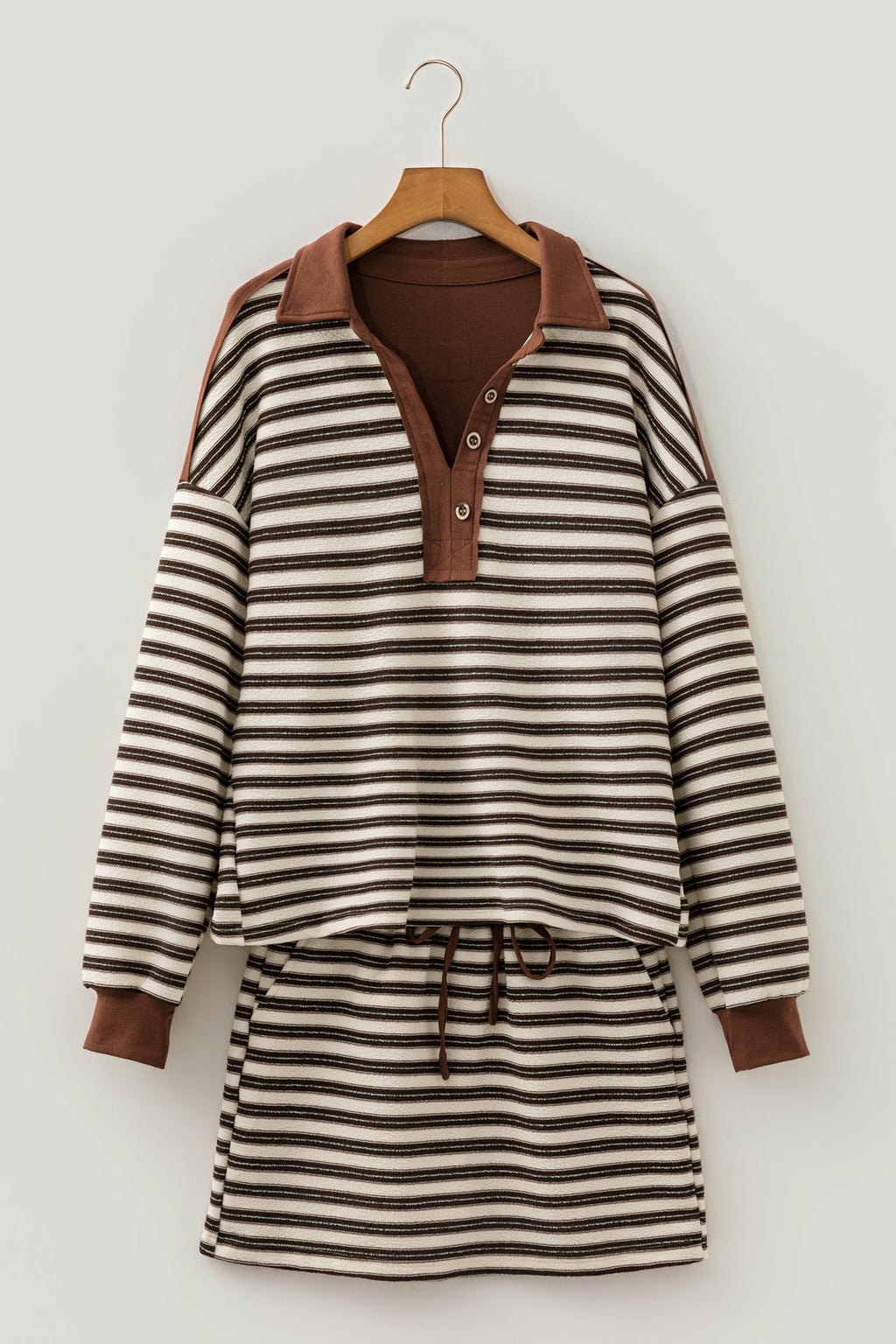Stripe Buttoned Polo Collar Top & Mini Skirt Set