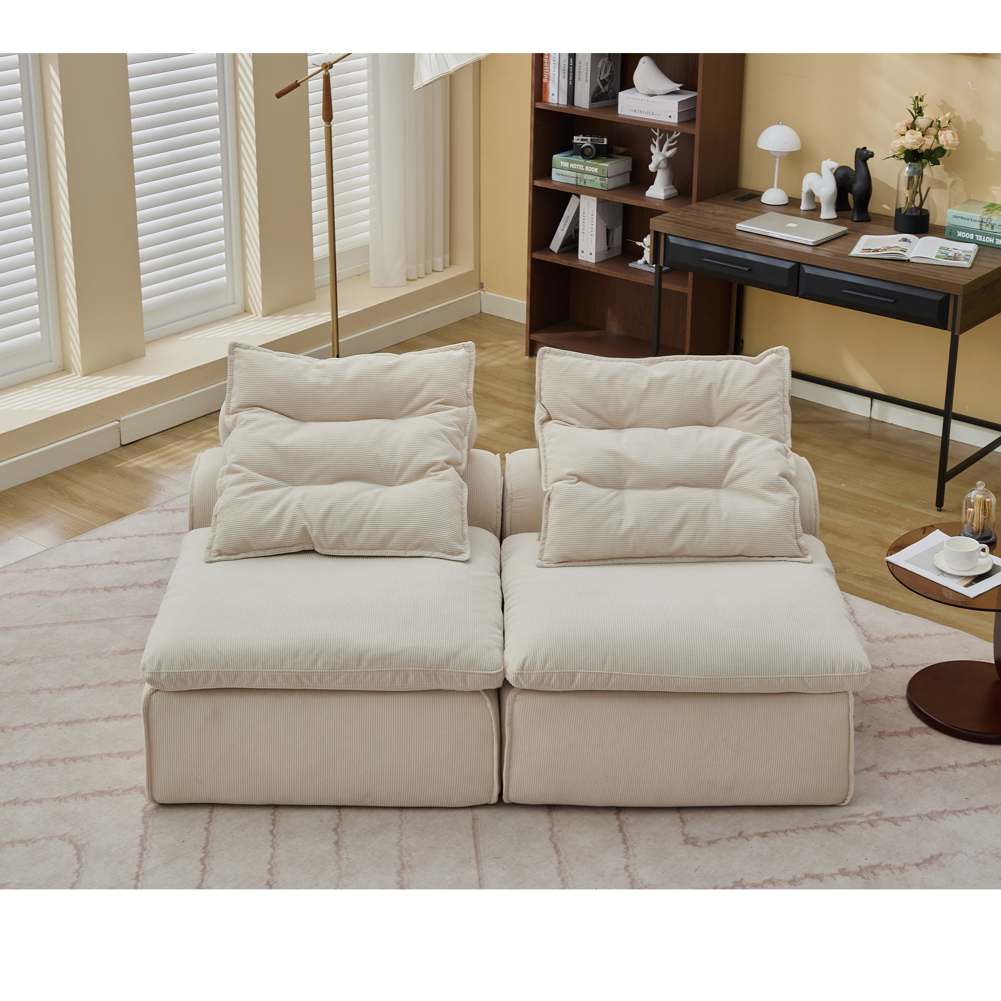[NEW ARRIVED] [VIDEO PROVIDED]Modular Sofa,No Armrests,At will DIY,Soft Corduroy Fabric,Neck Pillow-Back Lounge Sofa Chair,Reading Nook, or Apartment Living, Lumbar Pillow,2 Seats,Upholstered,Beige