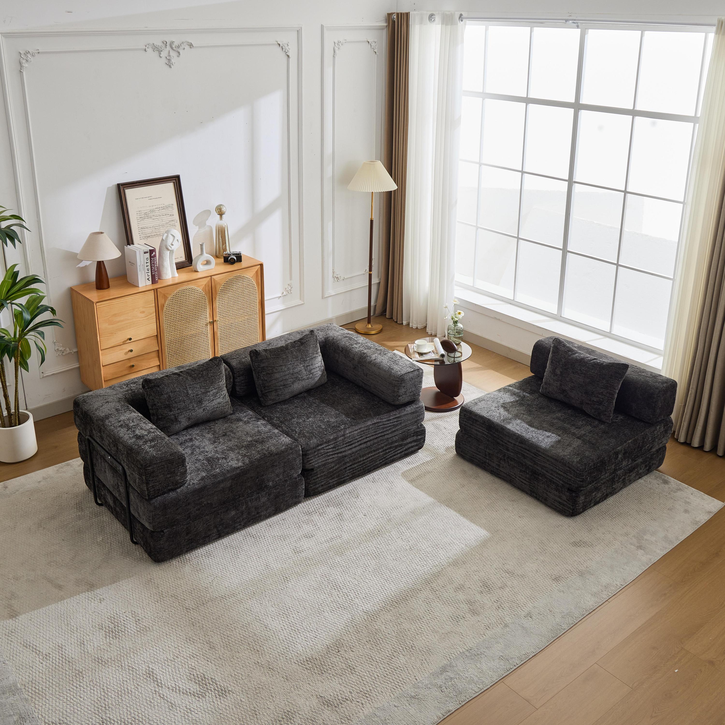 Compression Sofa,Convertible Floor Sofa Bed with Fixed-Shape Frame, Boneless Modular Sectional Sofa,No Assembly Required,Chenille fabric,for Living Room Bedroom,Black