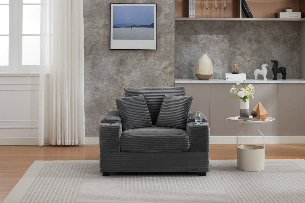 [VIDEO/New]Corduroy Upholstered Chaise Lounge Sofa with Handrail storage ,Movable ottoman,Cupholders,Detachable Cushions Deep Seat for Living Room Office,3 colour
