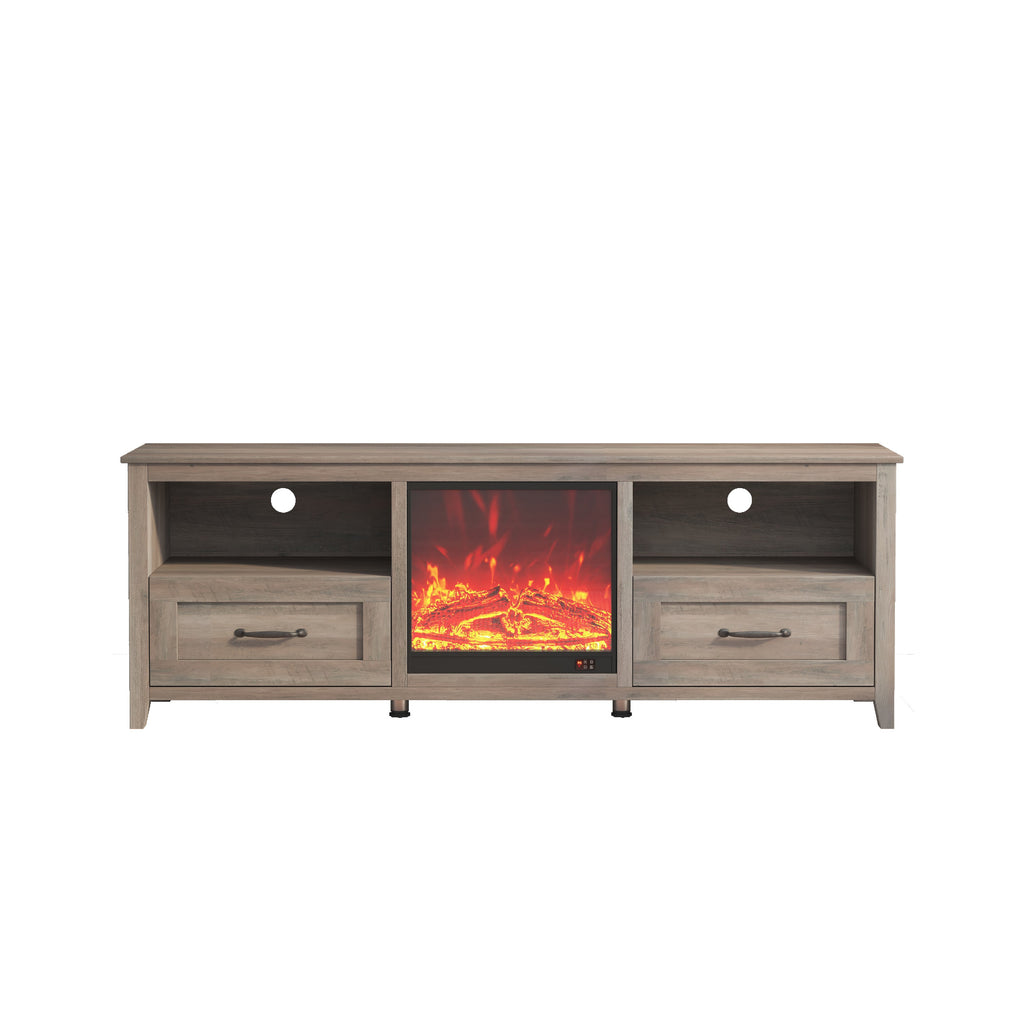 70.08 Inch Length TV Stand for Living Room and Bedroom, with 2 Drawers and 4 High-Capacity Storage Compartment, Grey Walnut ;Suitable for fireplace