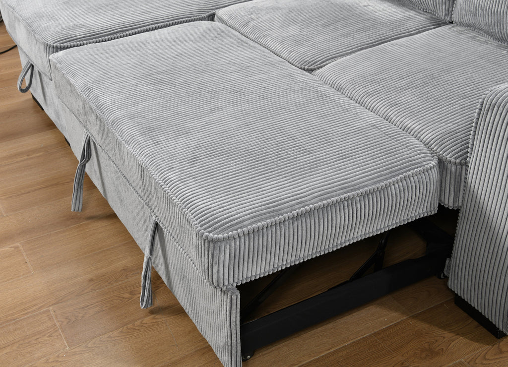Modern Sofa L-Shaped Sectional Sofa Pull Out SofaBed Convertible Sleeper Sofa Bed with Storage Chaise & USB Port & Cup Holder for Living Room - Light Gray