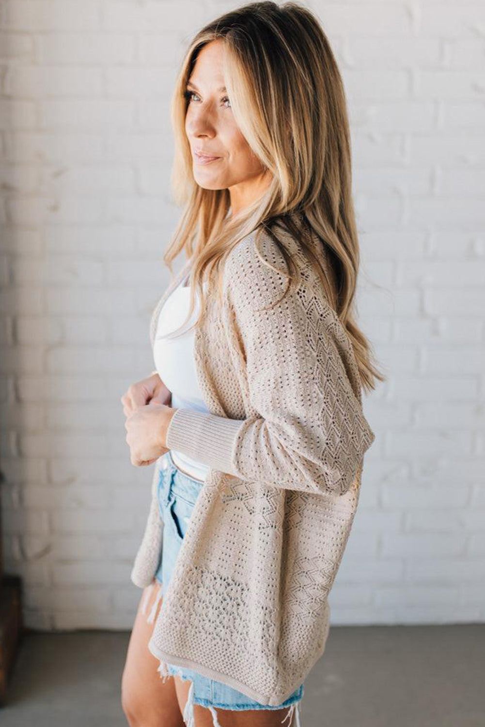 Jet Stream Mix Pattern Hollow Knit Open Front Cardigan