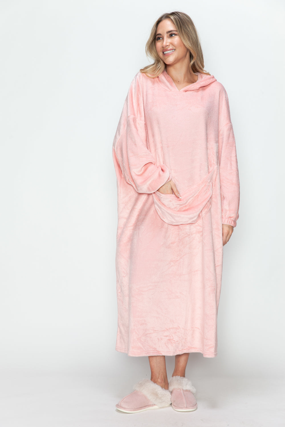 Double Take Full Size Pocketed Hooded Midi Lounge Night Gown