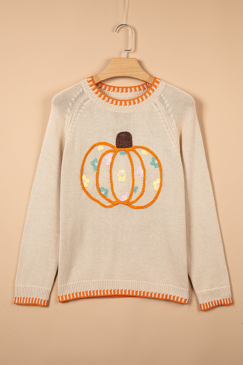 Pumpkin Floral Embroidered Round Neck Sweater