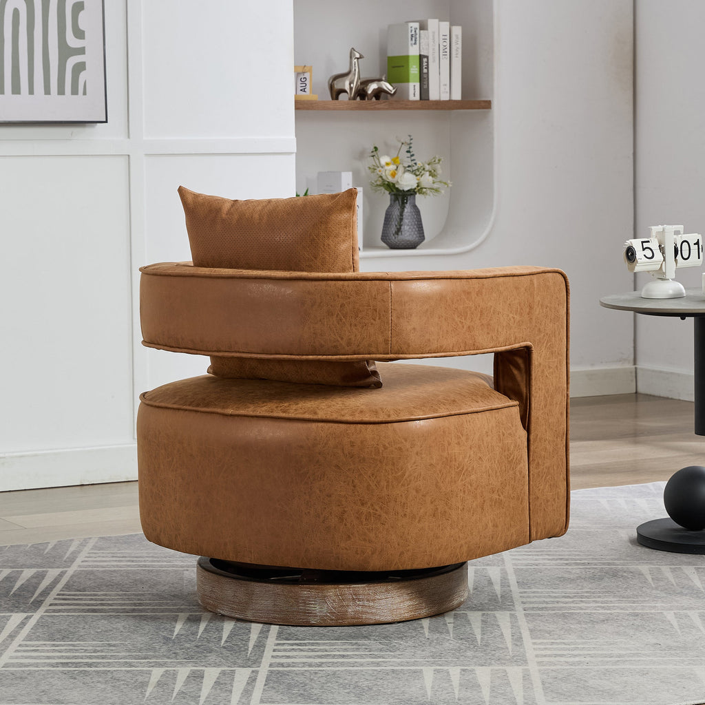 29.1'W Swivel Accent Open Back Barrel Chair Modern Comfy Sofa Chair With Weathered Base For Nursery Bedroom Living Room Hotel Office, Club Chair Leisure Arm Chair For Lounge (Brown,PU)