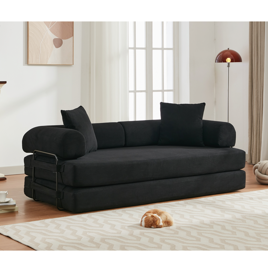 [NEW ARRIVED] [VIDEO PROVIDED] 78.5' Folding Convertible Out Sleeper Sofa Bed,4-in-1 DIY Combination Convertible Sofa,3 seat, Folding  Sofa, King Size , Bedroom,Apartment,Corduroy,Black