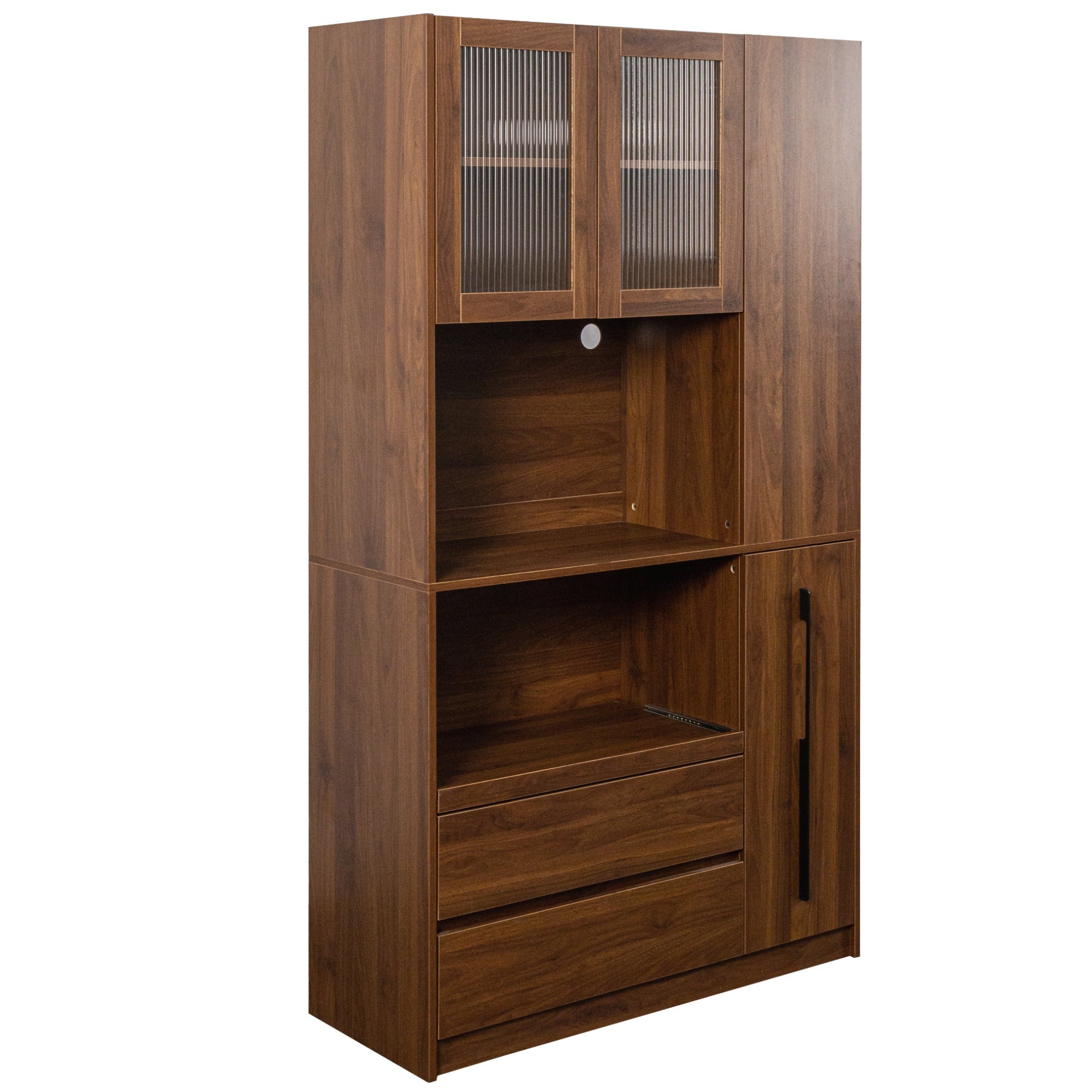 70.87' Tall Kitchen Pantry Cabinet with multi-functional pull-out multi-tier storage shelf,  4-Tier side Shelf, 2 Drawers,with Glass Door,Freestanding Food Hutch with Microwave Stand for Dining Room