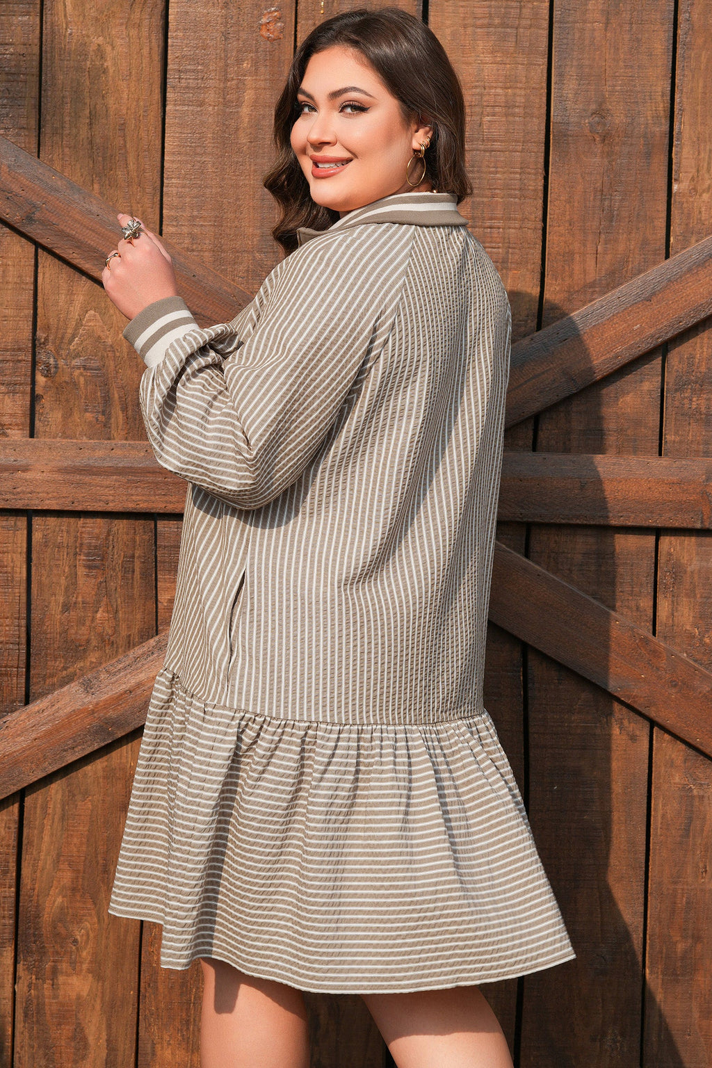 Plus Size Stripe Zip-Up Collared Mini Dress