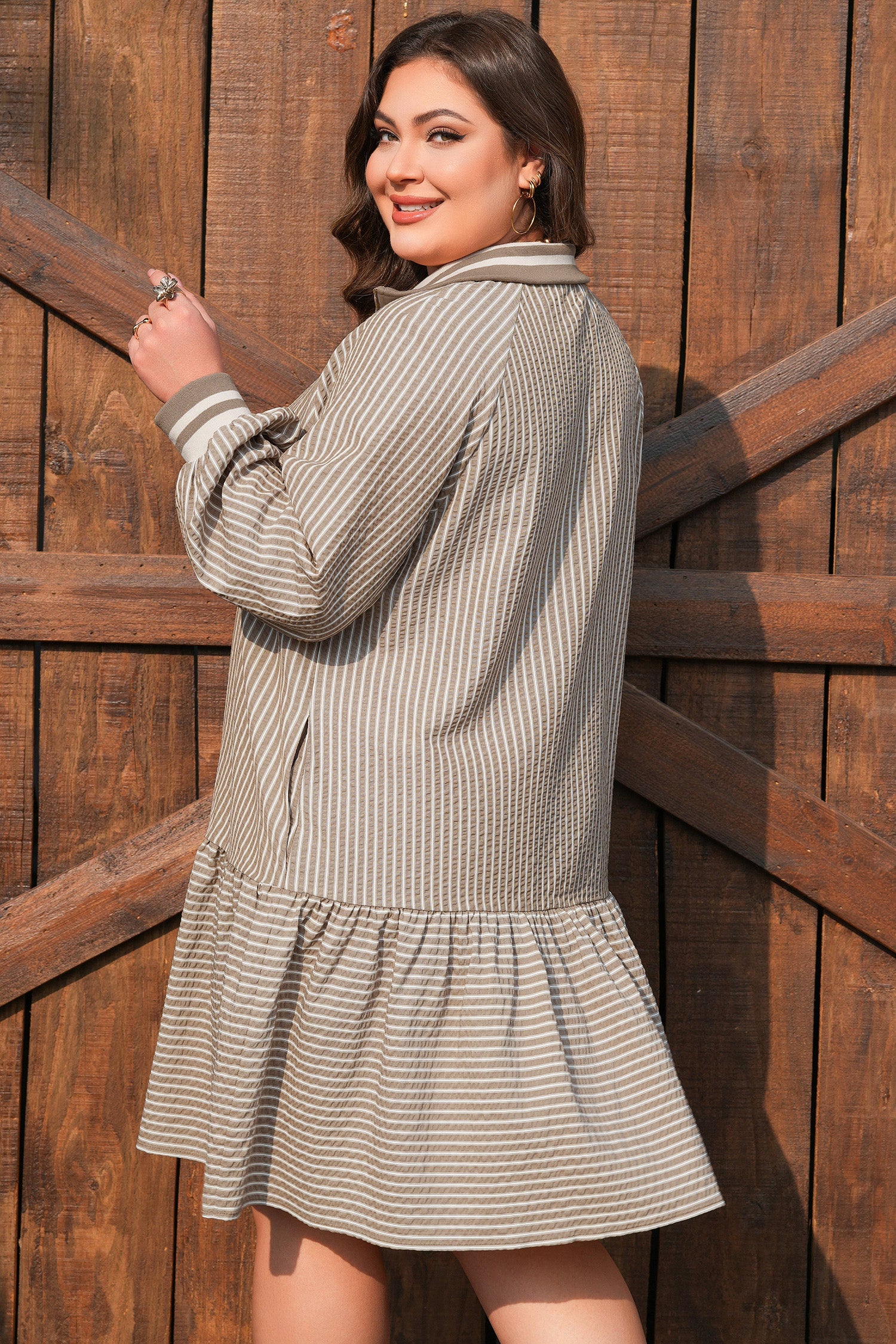 Plus Size Stripe Zip-Up Collared Mini Dress