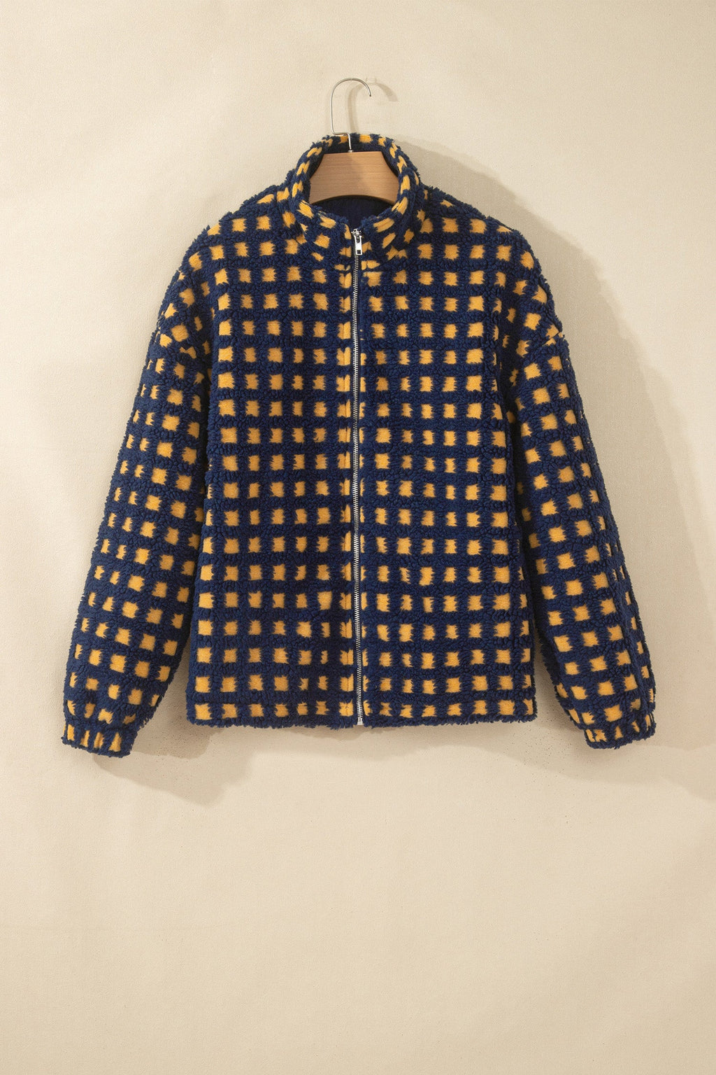 Gingham Sherpa Fleece Zip-Up Jacket