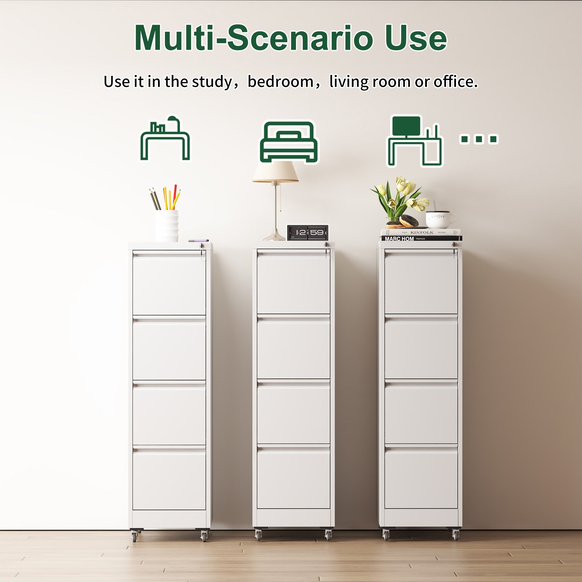 4 Drawer Metal Locking Vertical File Cabinet with Wheels - Heavy-Duty Lockable Storage for Home & Office, Black and White, 17.71'D x 15.16'W x 52.28'H