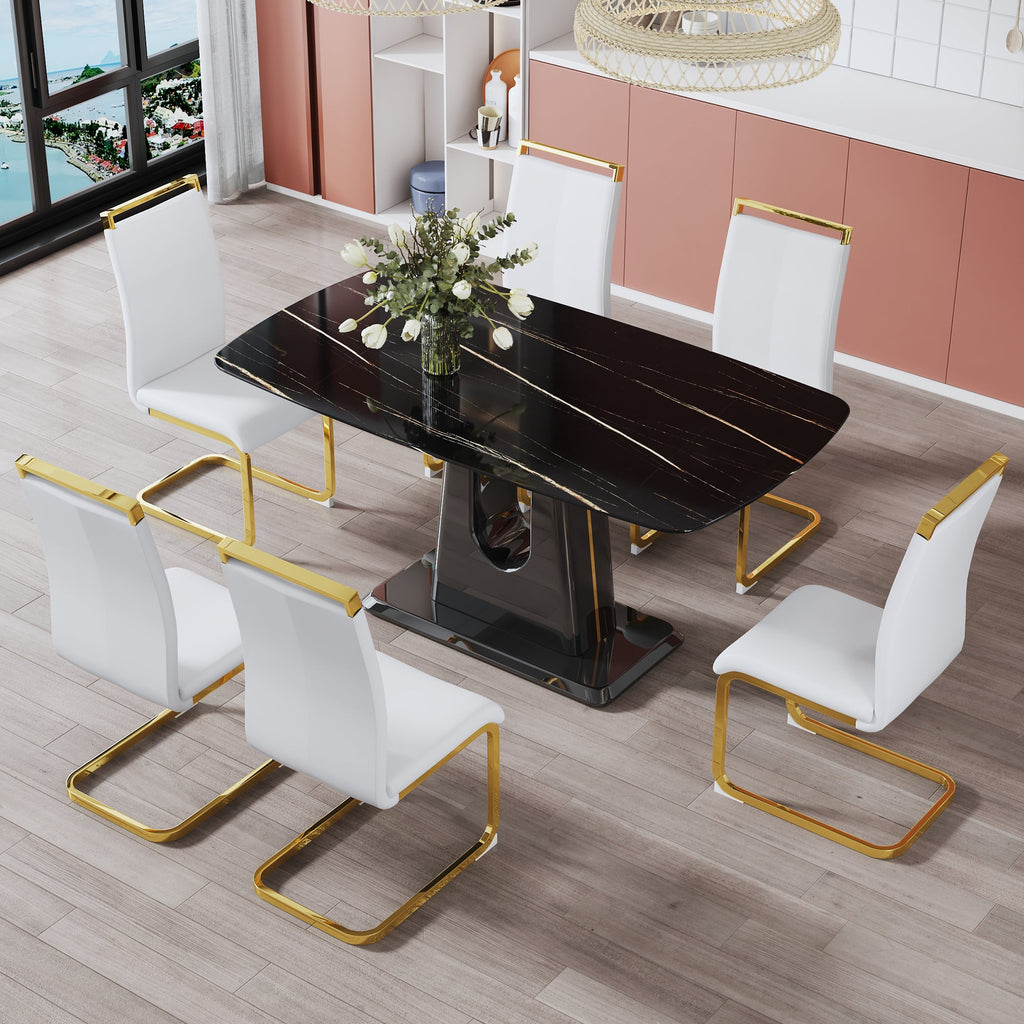 A modern, minimalist, and luxurious table. A black imitation marble tabletop with MDF U-shaped legs. Dining table, computer table. For restaurants and living rooms 63' * 35.4'* 30' F-U