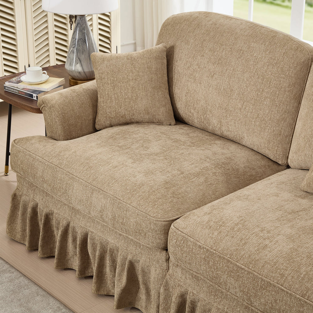 Elegant Mid Century Large 4 Seater Sofa Couch with Flared Arms and Removable Ruffles Pleats Skirts and Spindle Legs, Comfy Chenille Four-Seat Sofa for Living Room, Light Coffee