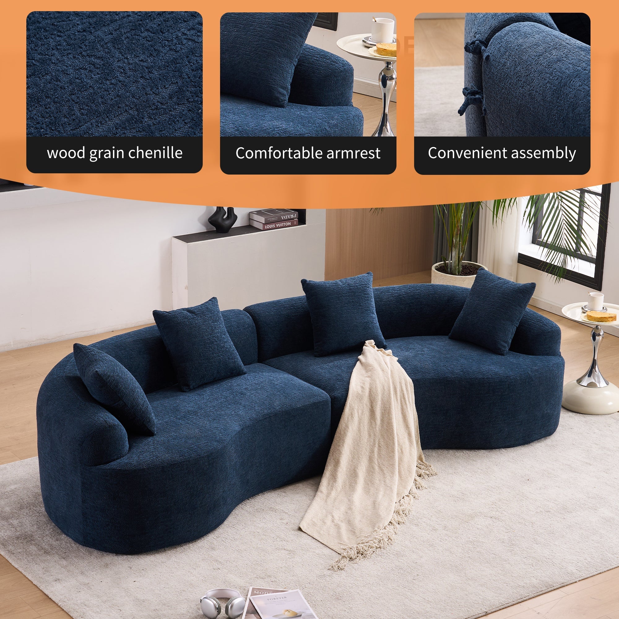 Compression Sponge Sofa Blue Curved Modular Sectional, 30D High-Density Chenille Sleeper Couch for Apartment, Living Room,110'L