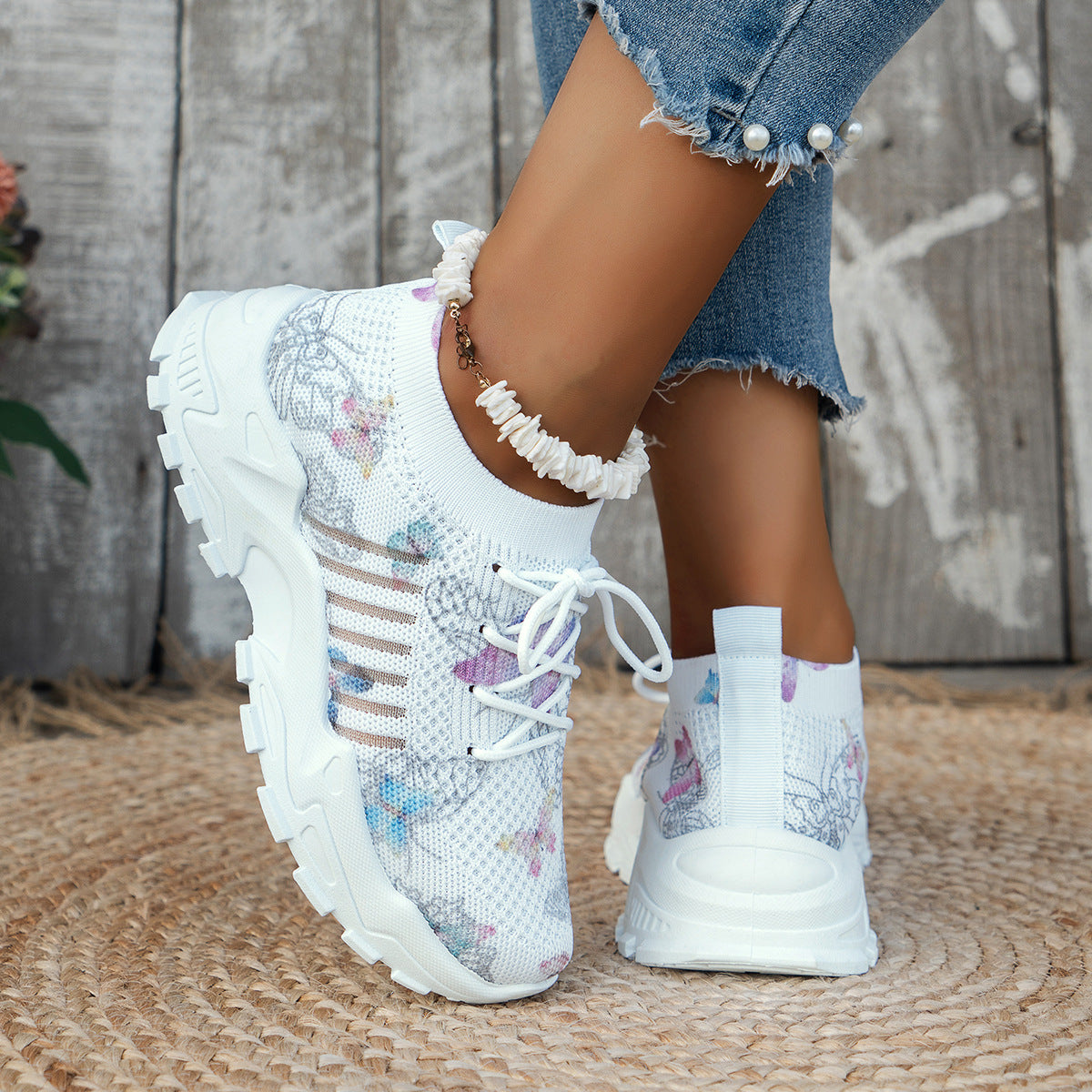Women's Butterfly Print Mesh Casual Shoes Sneakers