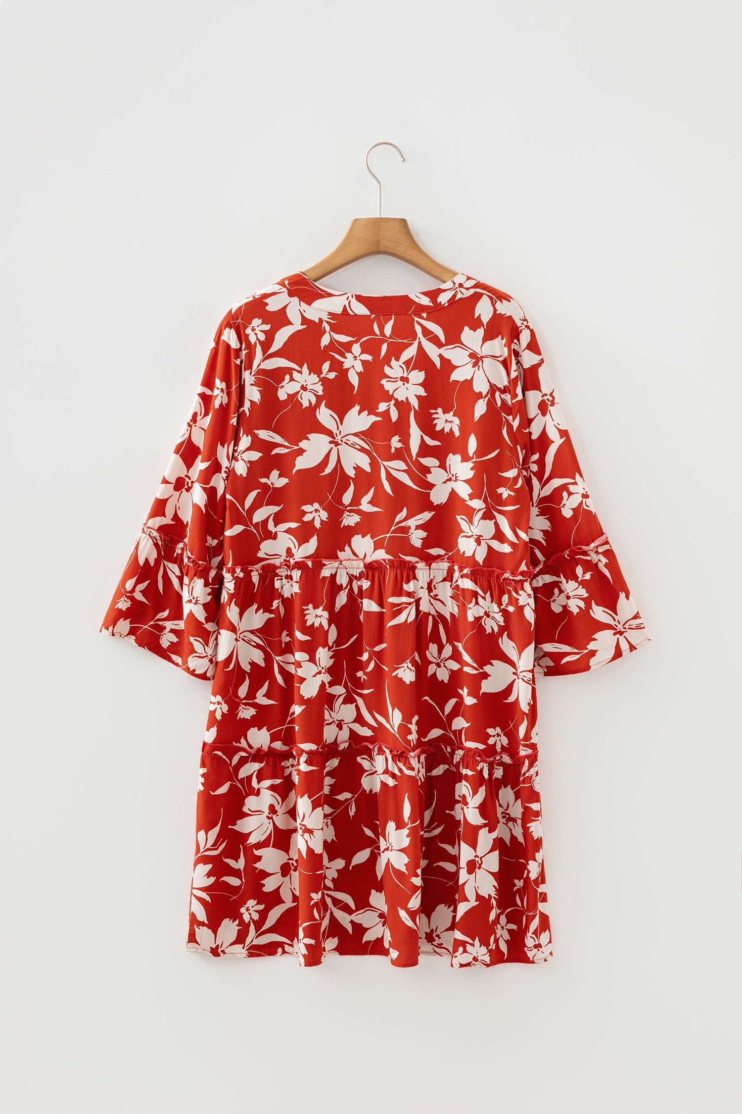 Boho Floral Lettuce Trim 3/4 Sleeve Mini Dress