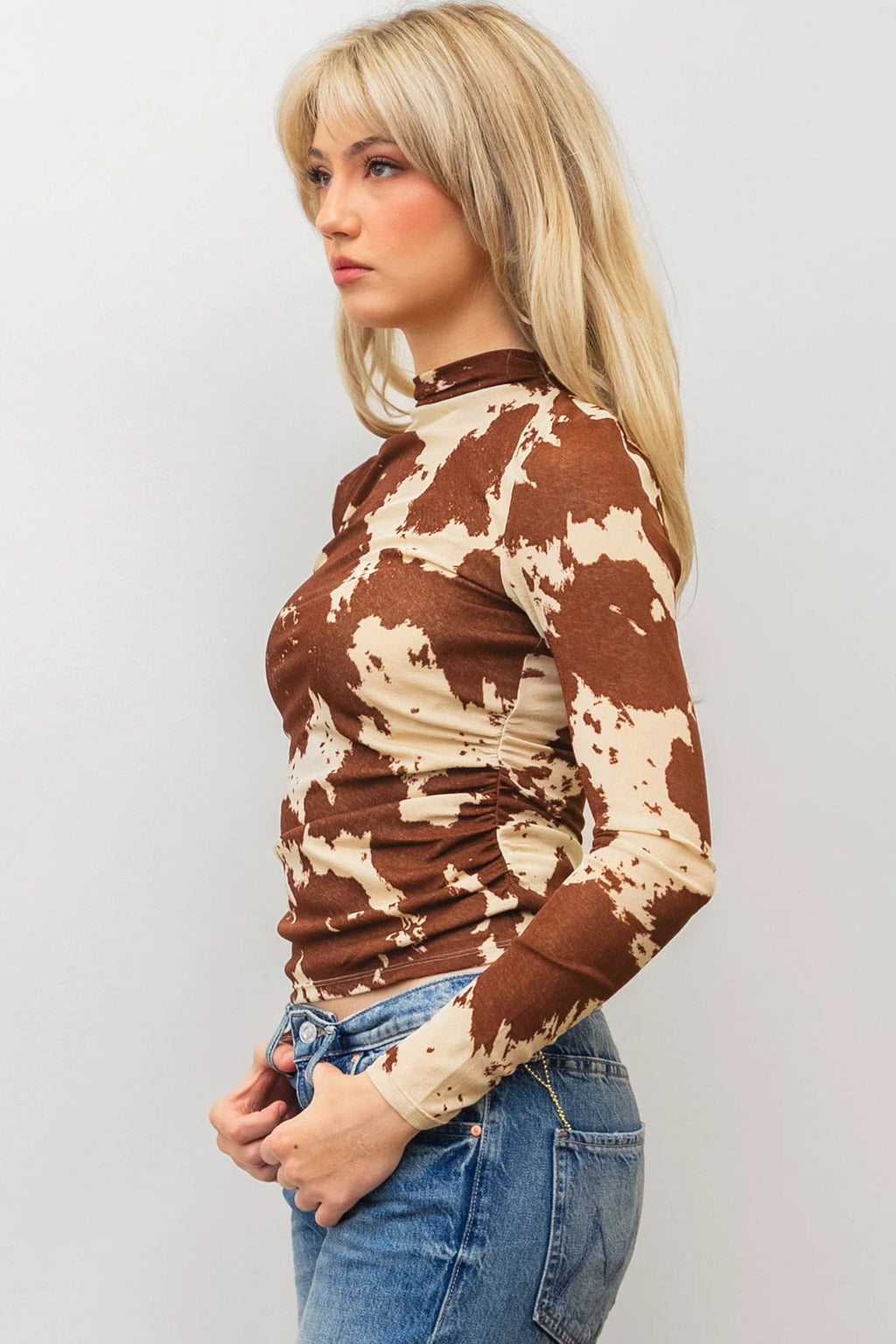 Western Cow Mock Neck Long Sleeve Top