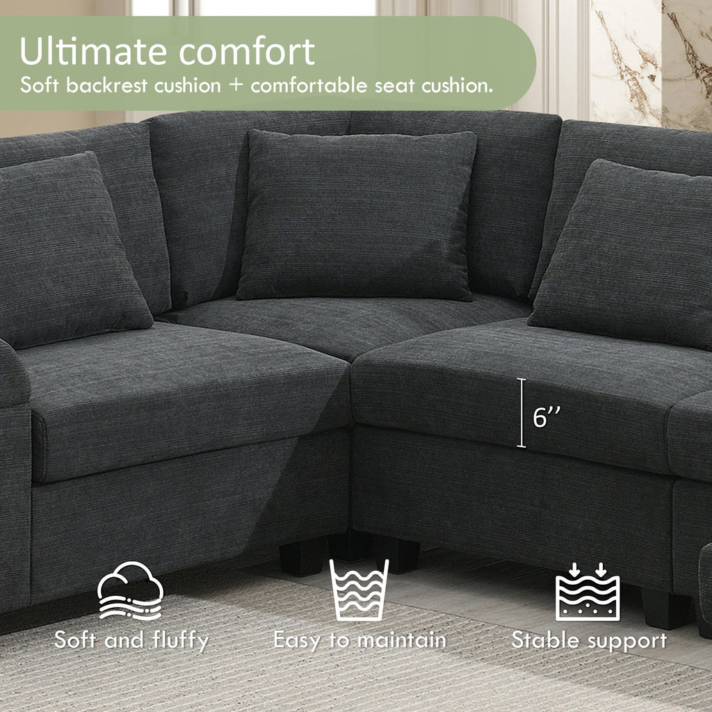 Chenille U Shaped Sectional Sofa with Ottoman and Storage, USB Ports, 2 Colors