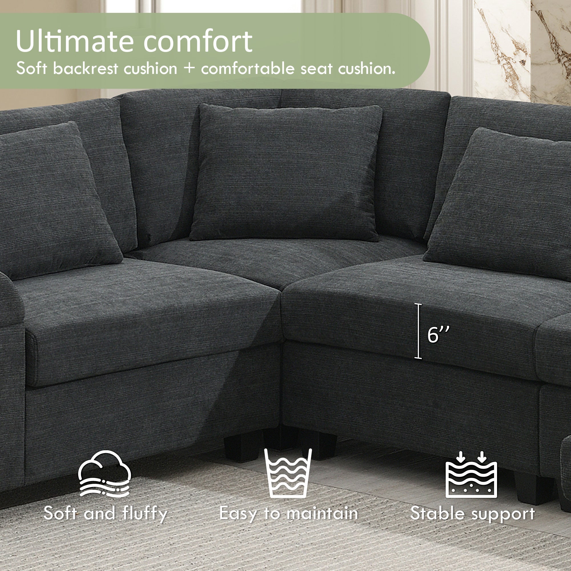 Chenille U Shaped Sectional Sofa with Ottoman and Storage, USB Ports, 2 Colors