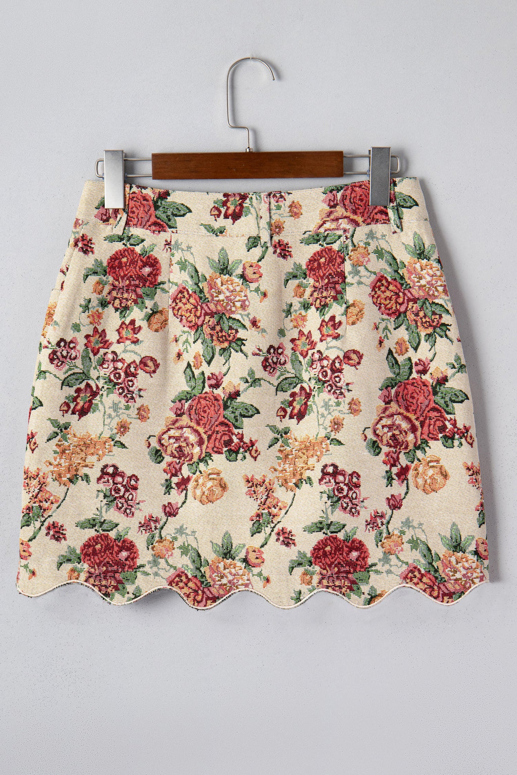 Floral Jacquard Scallop Button-Front Mini Skirt