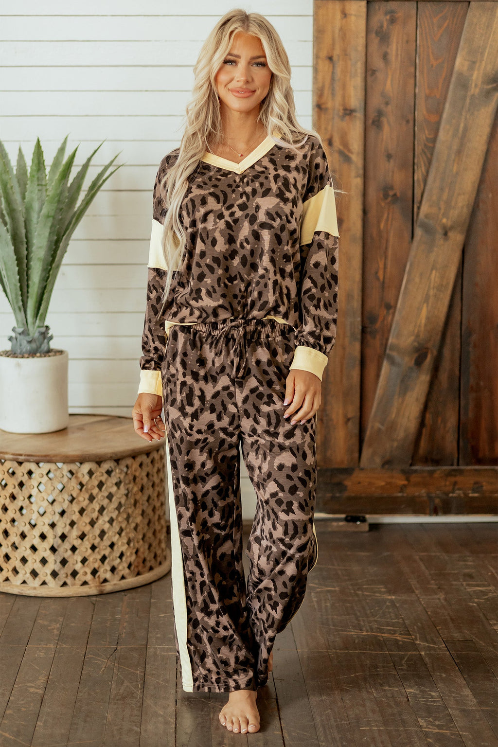 Leopard Colorblock Top & Wide Leg Pants Set
