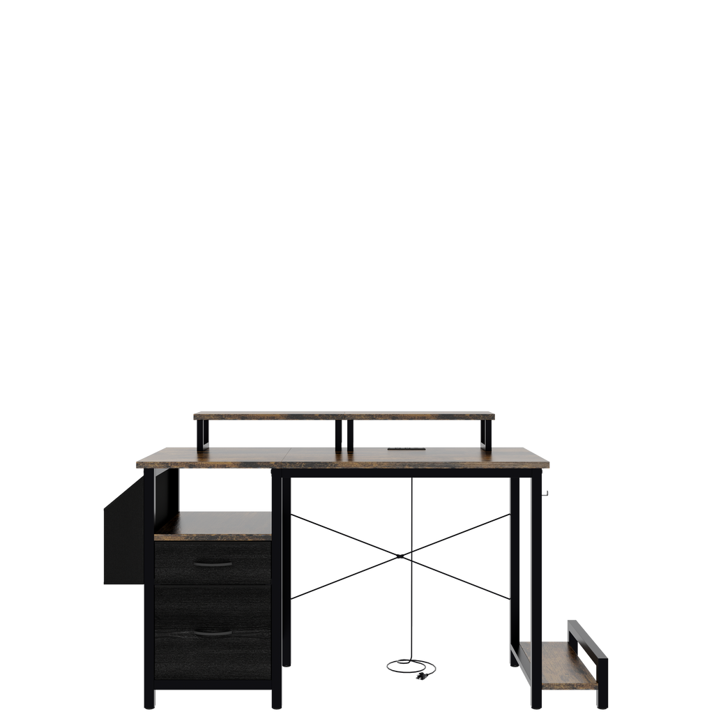 Computer Desk with Drawer and Power Outlets, 47' Office Desk with 2 Monitor Stands and Fabric File Cabinet, Writing Gaming Table with Shelves and Hooks for Home Office, Rustic Brown